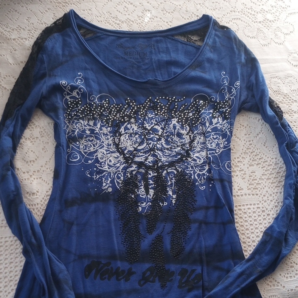 Cowgirl Tuff Blue Graphic Rhinestone And Lace Long Sleeve Top